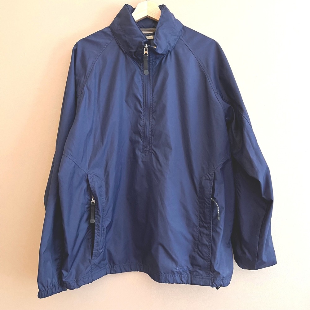 LL Bean Stowaway Anorak Mens Medium Navy Blue Half Zip Nylon Windbreaker Camping